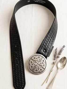 Vintage Task Force Celtic Knot Belt Black Top Grain Leather Basketweave Made USA